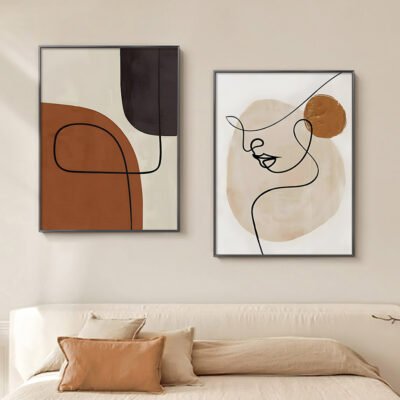 Modern Abstract Neutral Colors Line Art Portrait Wall Art Pictures For Contemporary Living Room