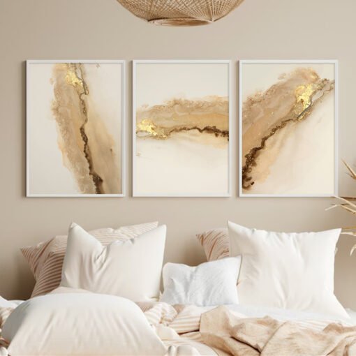Modern Abstract Shades Of Beige Golden Marble Wall Art Pictures For Luxury Living Room Wall Decor