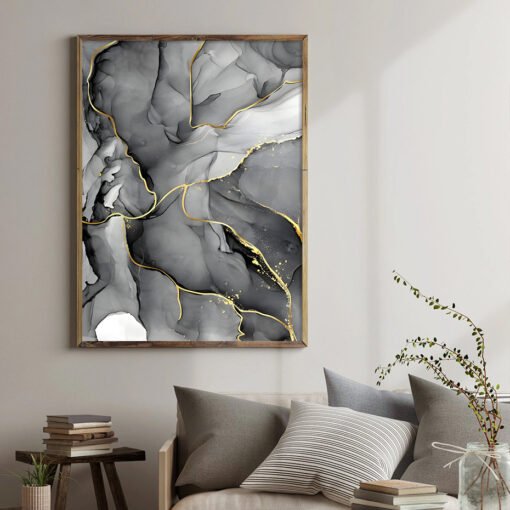 Modern Black Gray Golden Vein Marble Print Wall Art Pictures For Living Room Home Office Decor