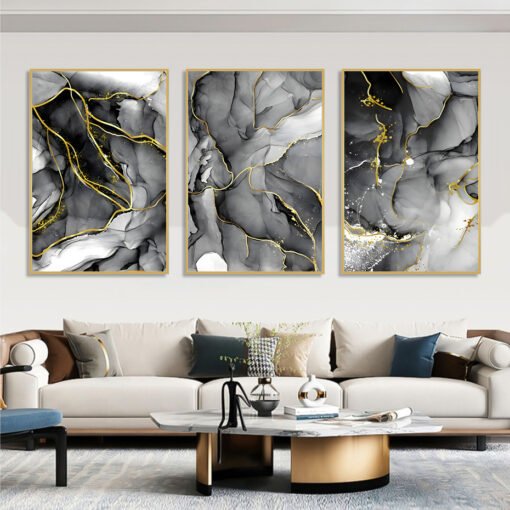 Modern Black Gray Golden Vein Marble Print Wall Art Pictures For Living Room Home Office Decor