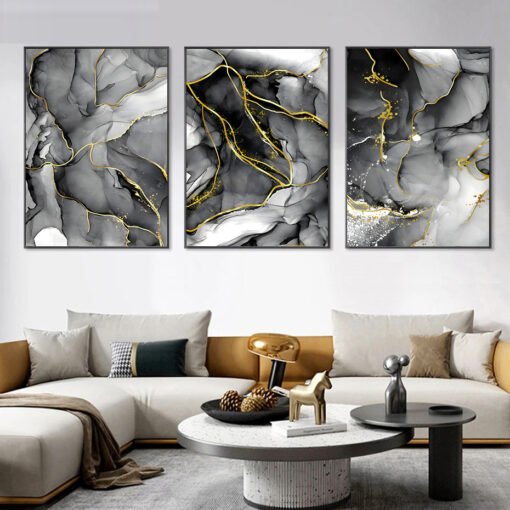 Modern Black Gray Golden Vein Marble Print Wall Art Pictures For Living Room Home Office Decor