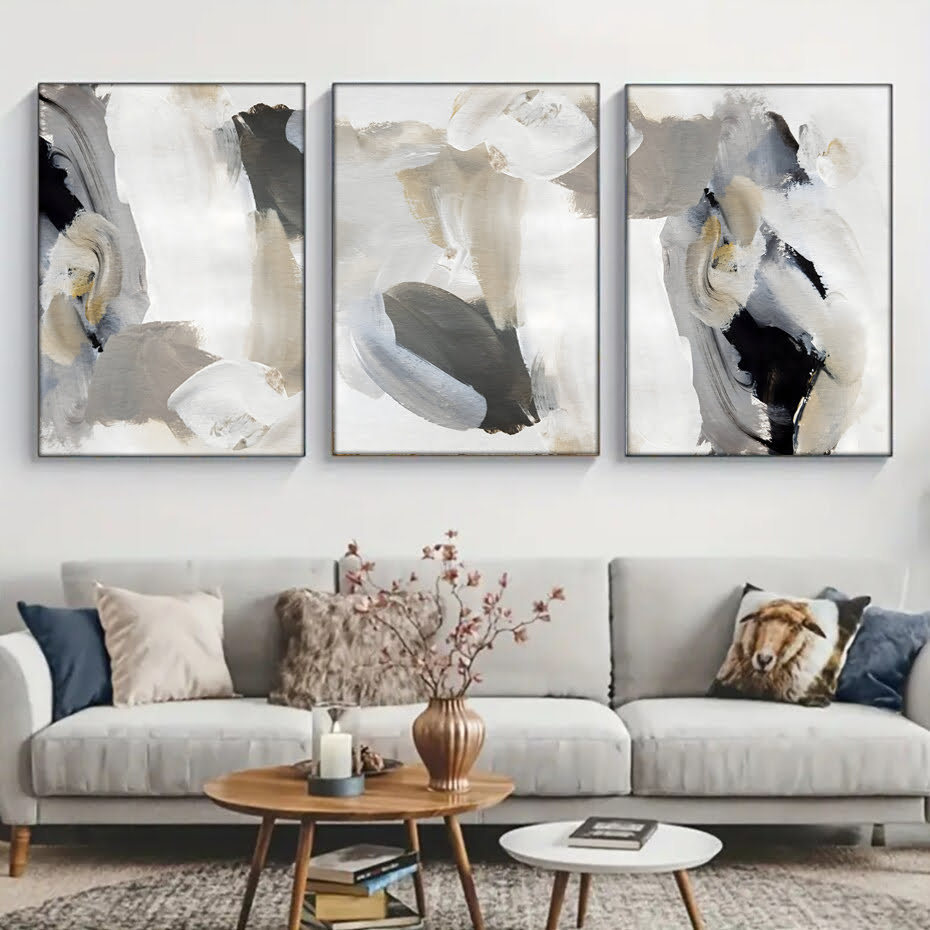 Neutral Colors Gray Beige Black Modern Abstract Wall Art Pictures For Contemporary Interior Decor