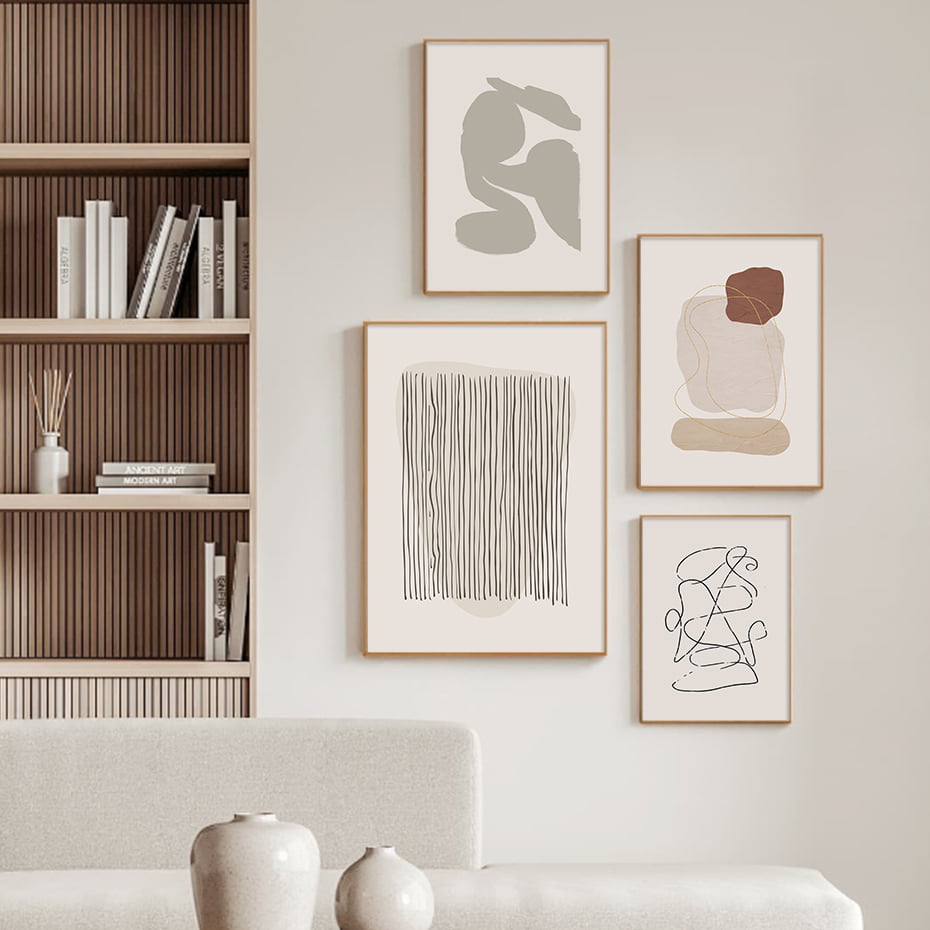 Neutral Colors Minimalist Abstract Line Art Gallery Wall Art Pictures For Modern Living Room Decor