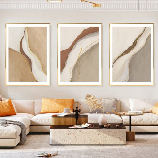 Sand Beige Golden Abstract Modern Minimalist Wall Art Pictures For Contemporary Living Room Decor