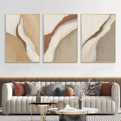 Sand Beige Golden Abstract Modern Minimalist Wall Art Pictures For Contemporary Living Room Decor