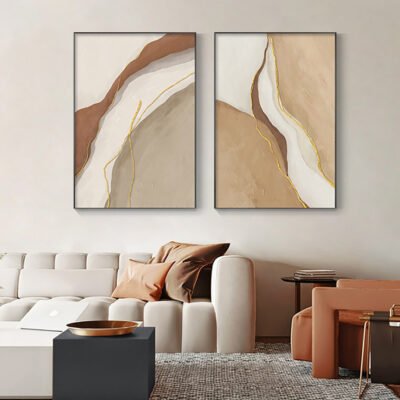 Sand Beige Golden Abstract Modern Minimalist Wall Art Pictures For Contemporary Living Room Decor