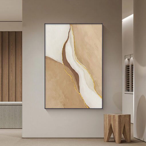 Sand Beige Golden Abstract Modern Minimalist Wall Art Pictures For Contemporary Living Room Decor