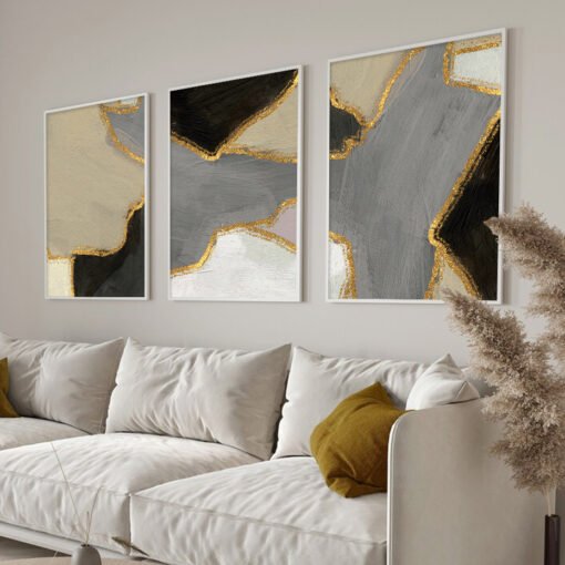 Slate Gray Black Beige Golden Abstract Wall Decor Pictures For Contemporary Interior Decor