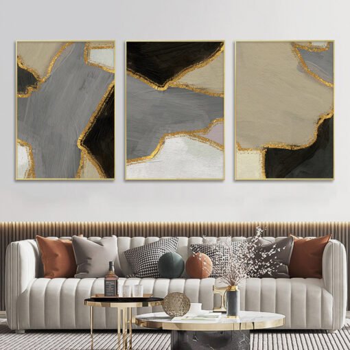 Slate Gray Black Beige Golden Abstract Wall Decor Pictures For Contemporary Interior Decor