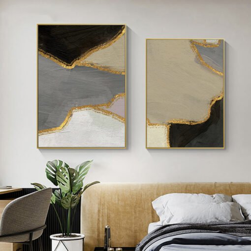 Slate Gray Black Beige Golden Abstract Wall Decor Pictures For Contemporary Interior Decor