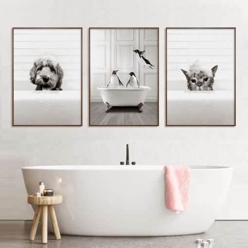 Tiger Elephant Bear Cute Animals In The Bath Black White Wall Art Pictures For Bathroom Decor