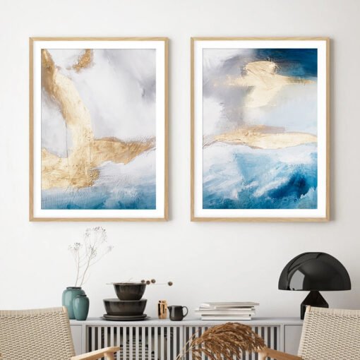 White Golden Blue Sky Abstract Wall Art Fine Art Canvas Prints For Bedroom Living Room Decor