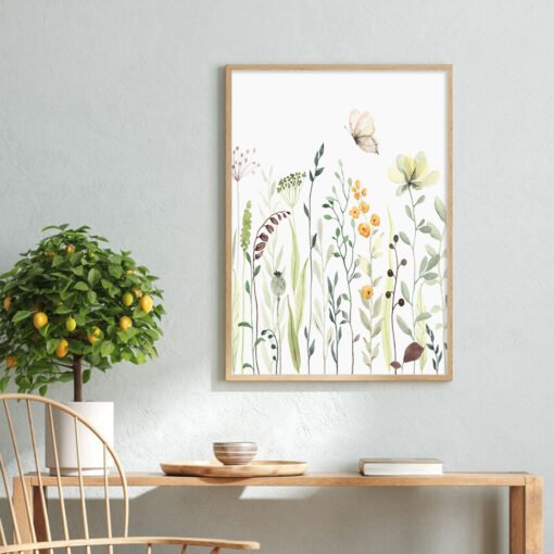 Wild Meadow Floral Butterfly Watercolor Wall Art Fine Art Canvas Prints For Natural Home Decor