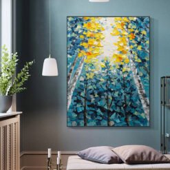 Yellow Blue Birch Tree Abstract Botanical Wall Art Fine Art Canvas Print For Living Room