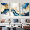 Abstract Liquid Blue Golden Marble Print Wall Art Pictures For Modern Living Room Home Office Decor