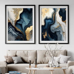 Abstract Navy Blue Golden Liquid Marble Print Wall Art For Luxury Living Room Salon Art Decor