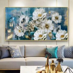 Big Blue White Golden Floral Wall Art Fine Art Canvas Prints Wide Format Pictures For Living Room