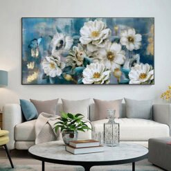 Big Blue White Golden Floral Wall Art Fine Art Canvas Prints Wide Format Pictures For Living Room