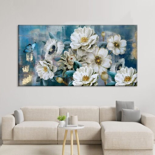 Big Blue White Golden Floral Wall Art Fine Art Canvas Prints Wide Format Pictures For Living Room