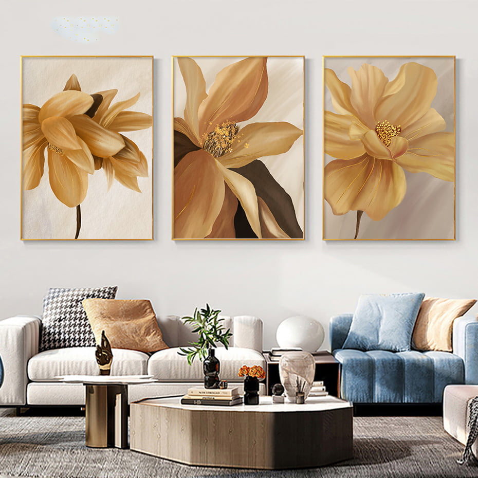 Big Floral Abstract Wall Art Beige Orange Yellow Pictures For Modern Apartment Living Room Decor