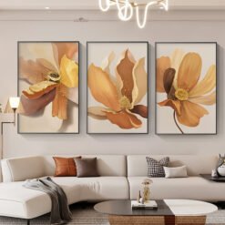 Big Floral Abstract Wall Art Beige Orange Yellow Pictures For Modern Apartment Living Room Decor