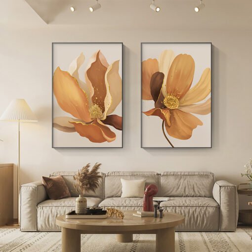 Big Floral Abstract Wall Art Beige Orange Yellow Pictures For Modern Apartment Living Room Decor