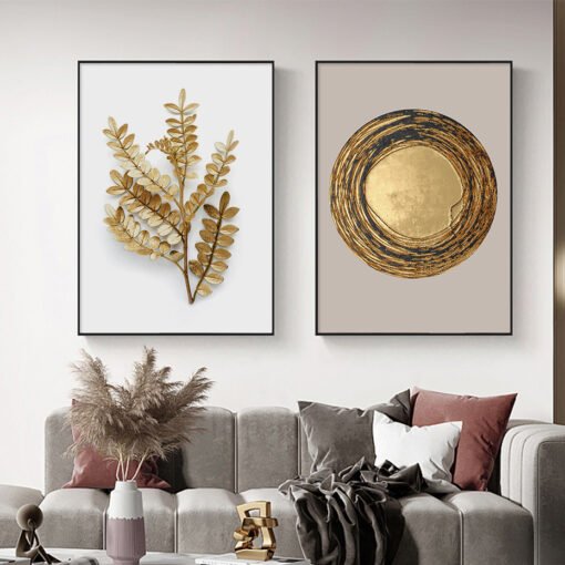 Golden Beige Abstract Minimalist Exotic Botanical Wall Art Pictures For Modern Living Room Decor