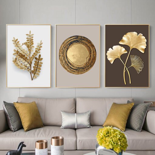 Golden Beige Abstract Minimalist Exotic Botanical Wall Art Pictures For Modern Living Room Decor