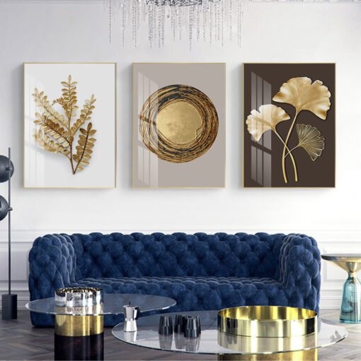 Golden Beige Abstract Minimalist Exotic Botanical Wall Art Pictures For Modern Living Room Decor