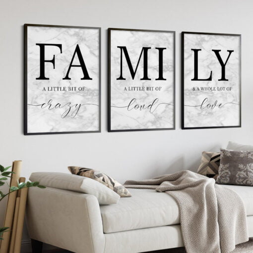 Gray Marble Typographic Letters & Text Family Wall Art Pictures For Modern Living Room Kitchen Decor